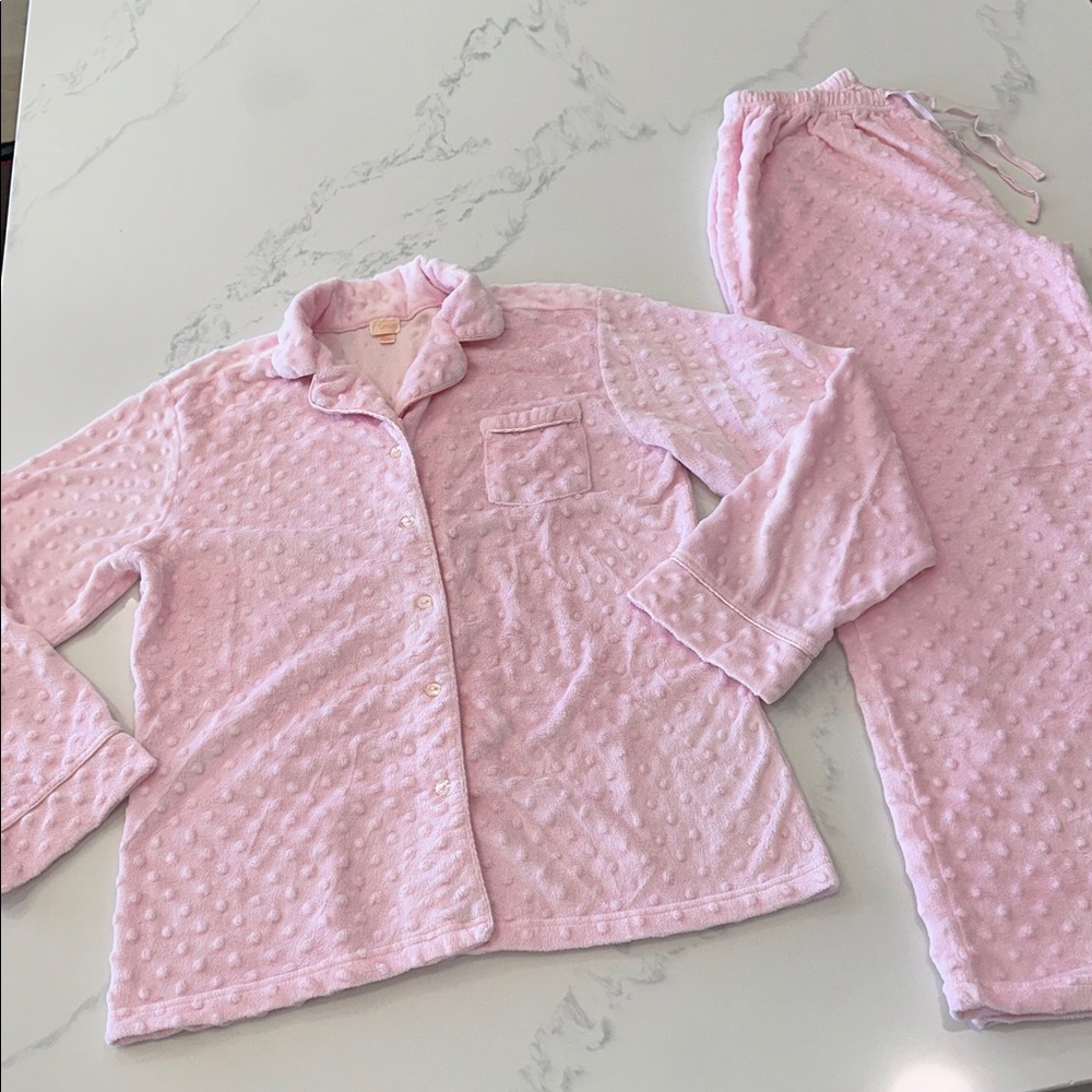 FLORA SIZE L~SNUGGLE PINK FLEECE DOTS PAJAMA SET~SHIRT TOP & PANTS SWEATPANTS ~